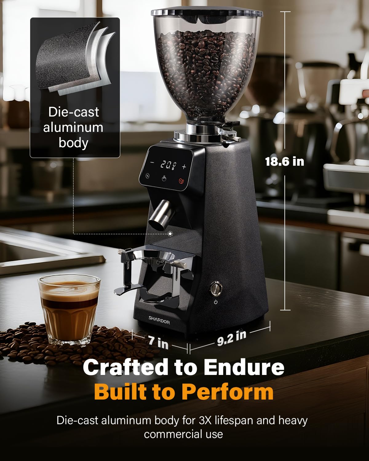 SHARDOR Commercial Espresso Grinder 64mm Flat Burr 100 Grind Settings LED Touchscreen Black