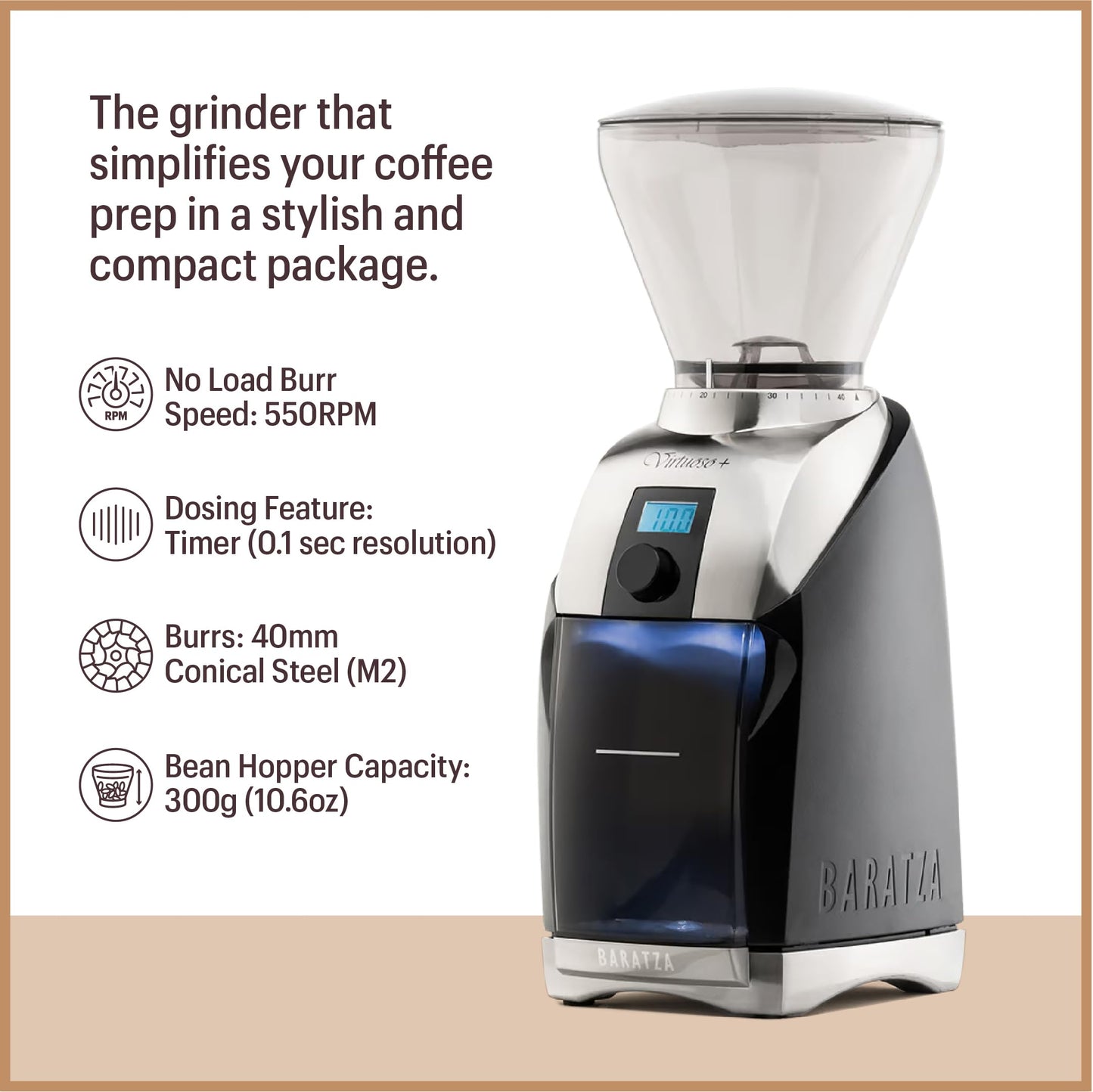 Baratza Virtuoso+ Conical Burr Coffee Grinder with Digital Timer - 40 Grind Settings