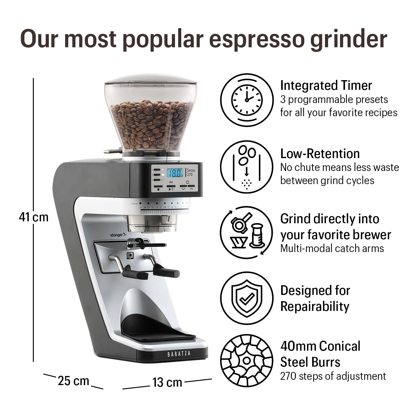 Baratza Sette 270 Espresso Grinder – 270 Settings, Grind-by-Weight, High-Speed Conical Burr